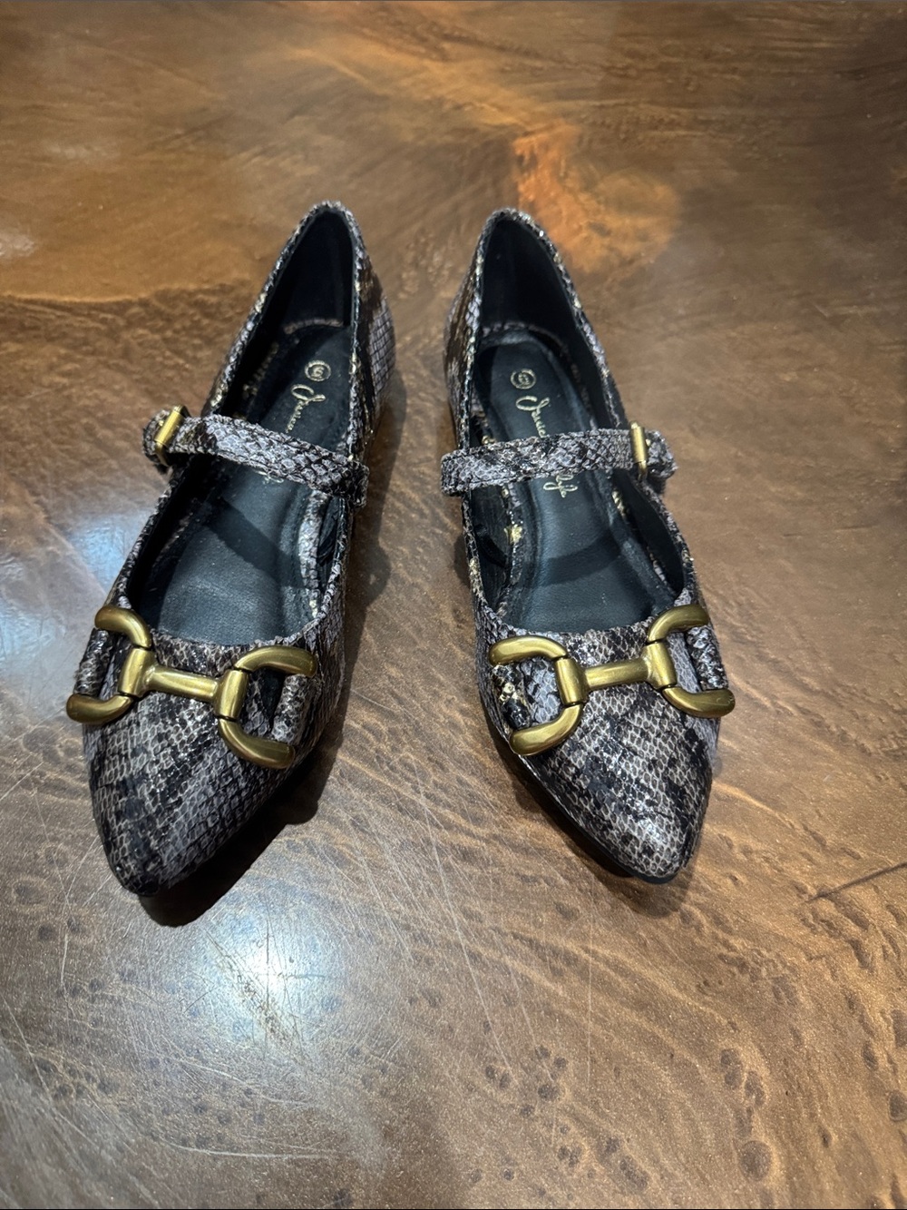 Jessica Carlyle Snake-Print Pattern Mary Jane Flats with Gold Hardware
